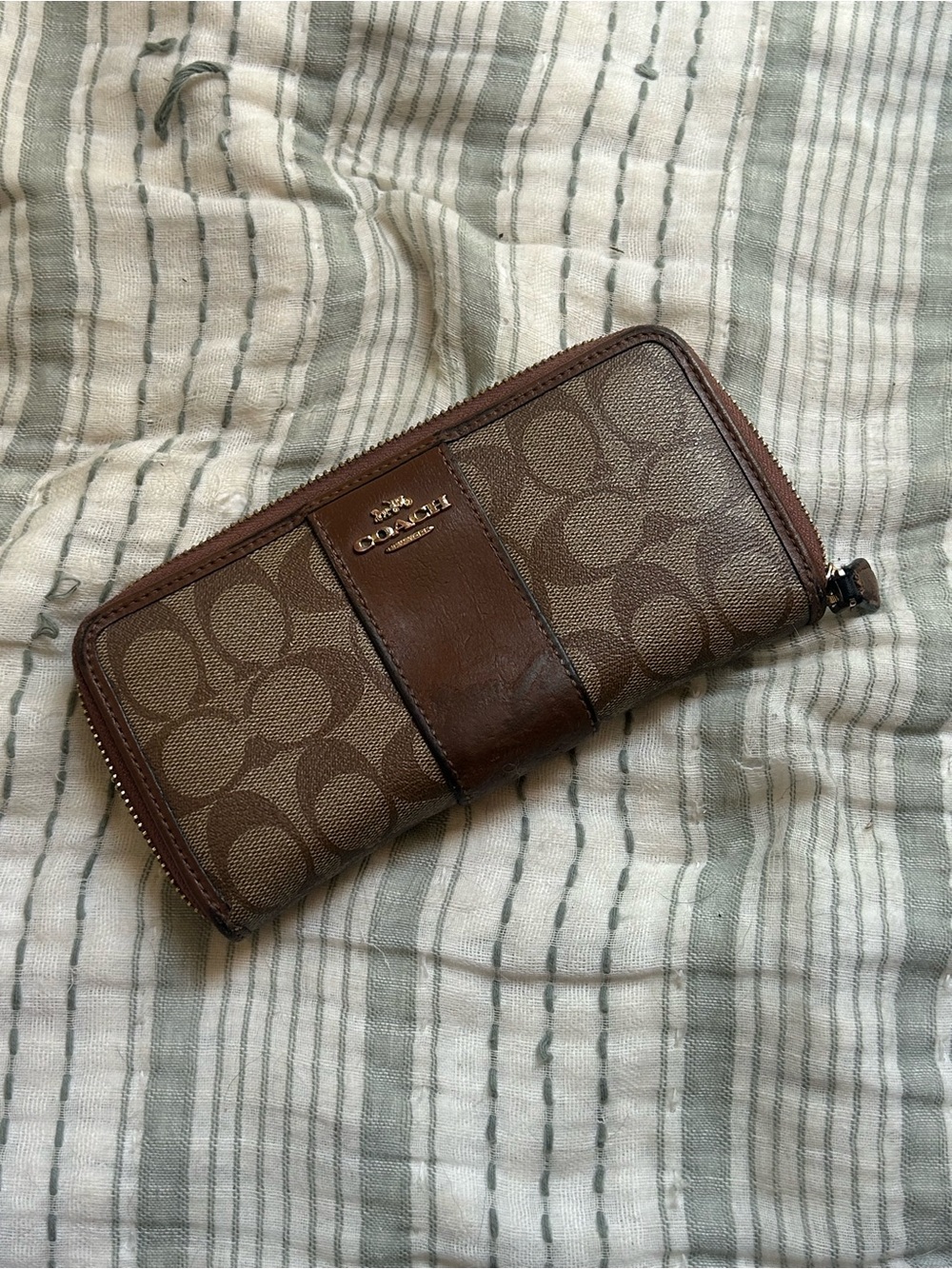 Coach Brown Signature Zip-Around Wallet with Leather Trim